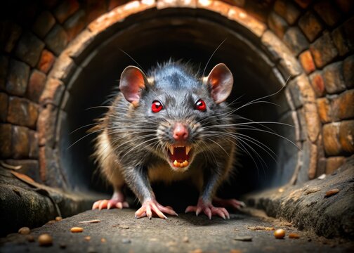 A grotesque rat with glowing red eyes and razor-sharp teeth scurries out of a dark, damp sewer tunnel, its fur matted and filthy.