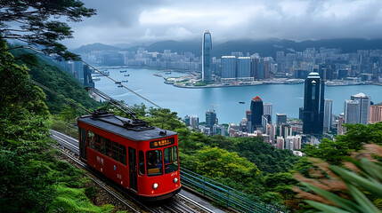 A red tram travels down a hillside overlooking a cityscape with water and mountains in the background.