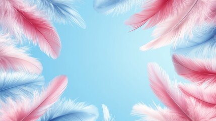Obraz premium Pink and Blue Feathers Frame on Light Blue Background