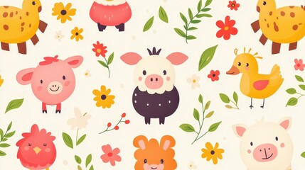Fototapeta premium Cute Animal Pattern with Flowers and Green Leaves