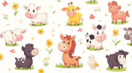 Cute Cartoon Farm Animals Seamless Pattern  Countryside Background  Kids Illustration Nursery Decor