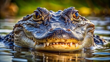 Fototapeta premium Murky water yields to reveal an alligator's commanding presence: jaws like steel slabs and eyes like gemstones,