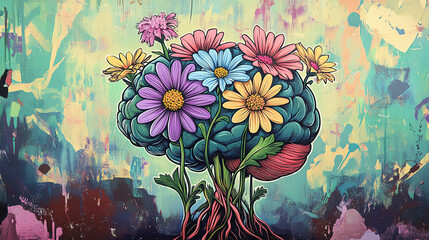 Abstract painting of a brain with flowers growing from it.