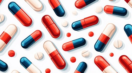 Red and Blue Capsules and Pills Scattered on White Background