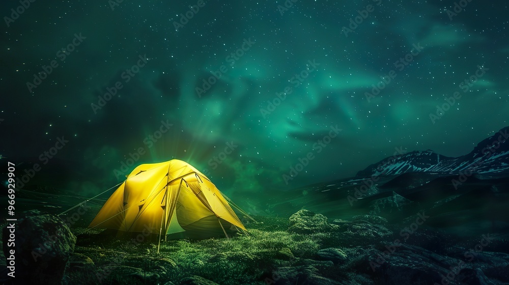 Wall mural a_glowing_yellow_camping_tent_under_a_beautifu