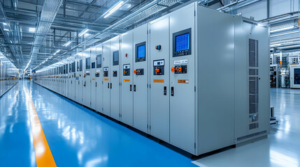A row of industrial control panels in a modern facility.