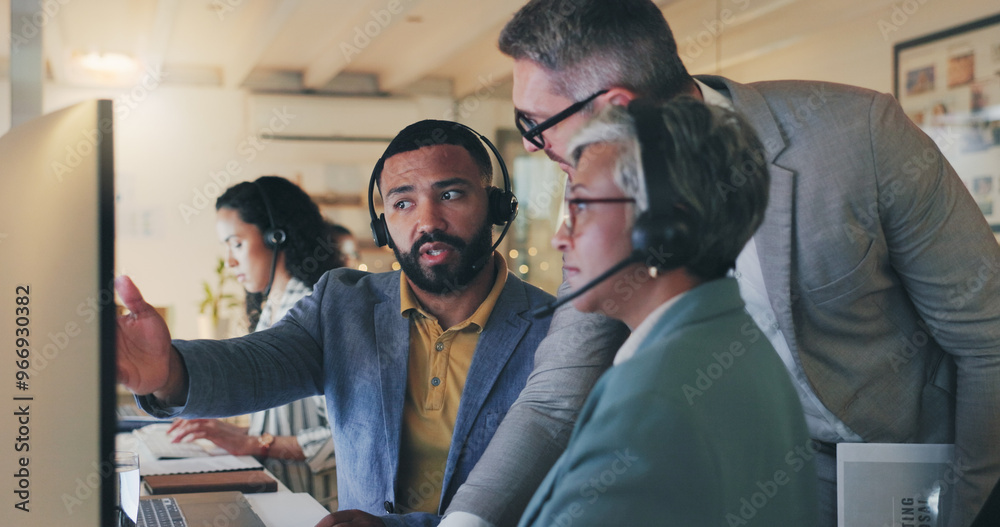 Poster People, group and call center with computer, discussion and teamwork for tech support in modern office. Men, woman and diversity in workplace by pc for review, problem solving and solution at night