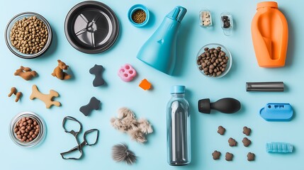 Dog Supplies Flat Lay on a Blue Background