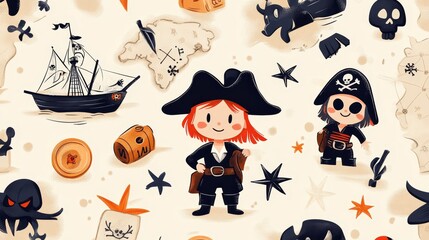 Cartoon Pirates and Treasure Seamless Pattern