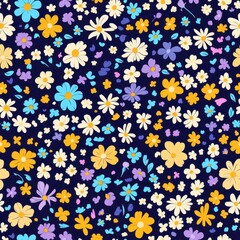 A vibrant floral pattern featuring various flowers and butterflies on a dark background.