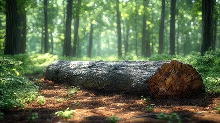 Fototapeta premium Fallen Tree Trunk in a Sunlit Forest