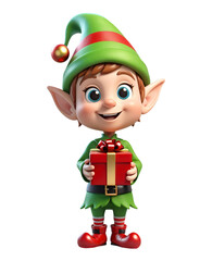 A cute and adorable Christmas elf holding a gift in his hands isolated on a transparent background
