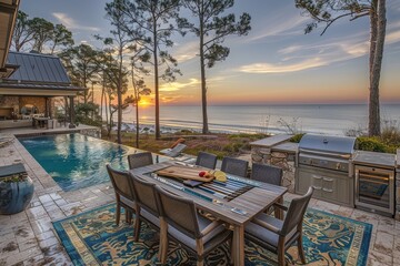 Fototapeta premium Coastal outdoor dining area with aluminum grilling station, wooden table and chairs on blue-green patterned rug, overlooking the ocean in Beagan, South Carolina, with beach pine trees and pool reflect