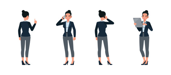 Business woman working in office character vector illustration design set. Presentation in various action. Woman wear dark blue suit.