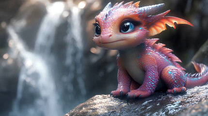 Obraz premium cute baby dragon near the waterfall