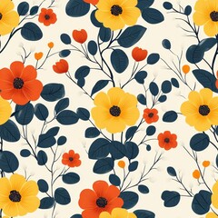 A vibrant floral pattern featuring yellow, orange, and red flowers with green leaves.