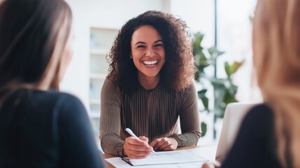 Caucasian female insurance agent banker lawyer meeting with couple husband wife reading terms of agreement signing contract