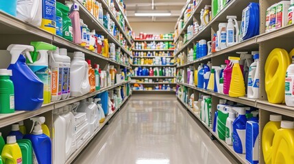 Naklejka premium Cleaning Supplies Aisle in Supermarket