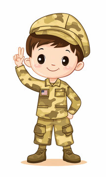 recommend clip art: cute illustrations of a little boy in a military / soldier uniform, smiling and giving salute on white background 