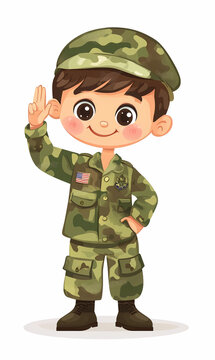 recommend clip art: cute illustrations of a little boy in a military / soldier uniform, smiling and giving salute on white background 