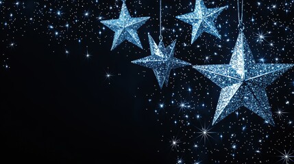 Glittering Silver Stars on Black Background  Christmas Decoration  Holiday Decor