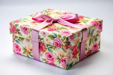A pink box with a bow on top and a floral design