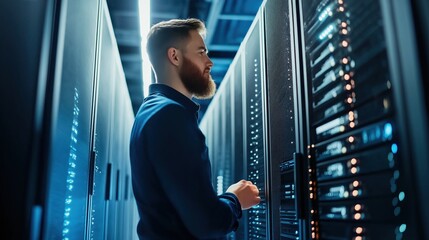 IT staff working checking at server room Caucasian male eyeglasses beard