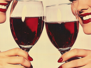 vintage illustration of women toasting with glasses of red wine