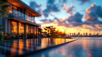 Fototapeta premium A green industrial plant utilizing solar panels and wind turbines to generate renewable energy