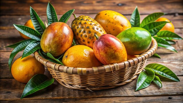 Ripe tiesa fruits overflow from a wicker basket on a rustic wooden table, radiating succulence and vibrant color.