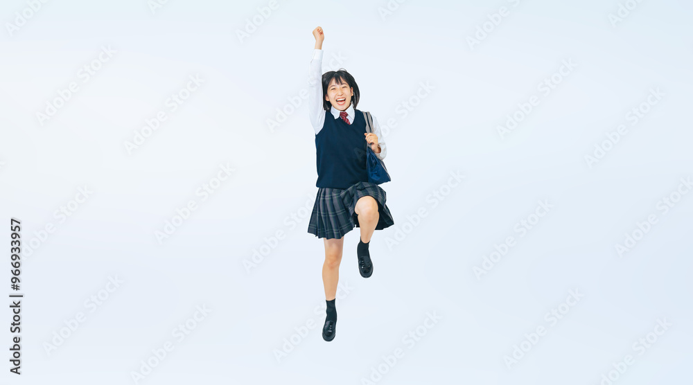 Aufkleber 制服を着て元気にジャンプする女子学生の全身写真（切り抜き背景透過pngも販売しております。作成者リンクから「png」で検索してください）