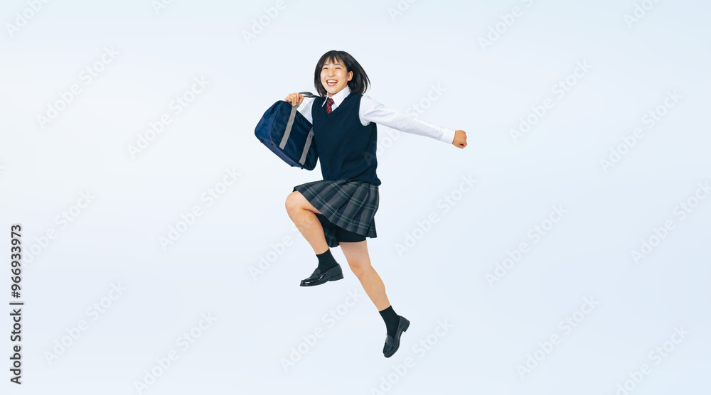 Aufkleber 制服を着て元気にジャンプする女子学生の全身写真（切り抜き背景透過pngも販売しております。作成者リンクから「png」で検索してください）