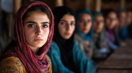 young afghan women in traditional headscarves at school