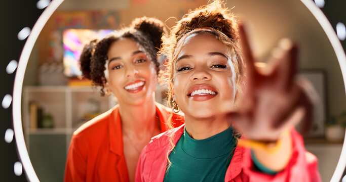 Happy women, portrait and influencer with ring light for content creation, vlogging or online tutorial at home. Young, female person or friends in POV or vlog for beauty video, makeup tips or advice