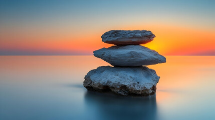 A serene sunset over calm waters with stacked rocks in the foreground.