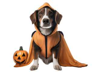 A dog is wearing a Halloween costume and standing next to a pumpkin. The dog is wearing a cape and he is posing for a picture
