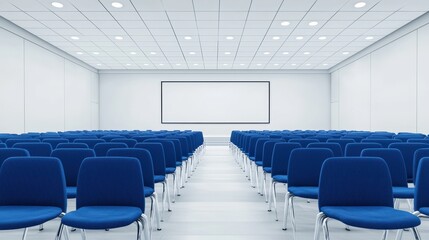 Fototapeta premium Empty Conference Room with Blue Chairs and Projection Screen