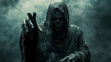 Female Grim Reaper reaching towards the camera against a dark, ominous background, with ample copy space for dramatic effect