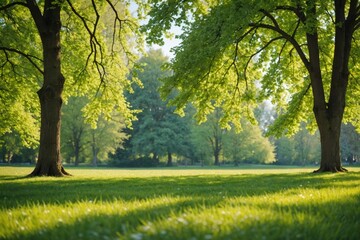 Naklejka premium beautiful blurred background image of spring nature with a neatly trimmed lawn surrounded by trees against a blue sky with clouds on a bright sunny day