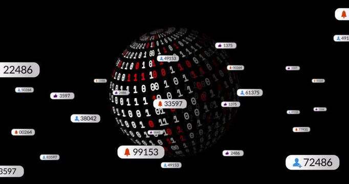 Animation of media icons over globe of binary coding