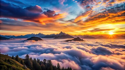 Stunning vista of towering peaks against a backdrop of rolling clouds silhouette
