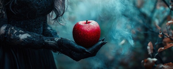 Mysterious witch in black offering a red apple representing temptation and poison, with a magical, foggy background evoking a fairy tale and Halloween atmosphere