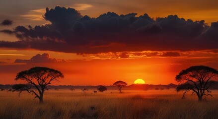 Obraz premium fiery sky at dawn over sunset at vast savannah