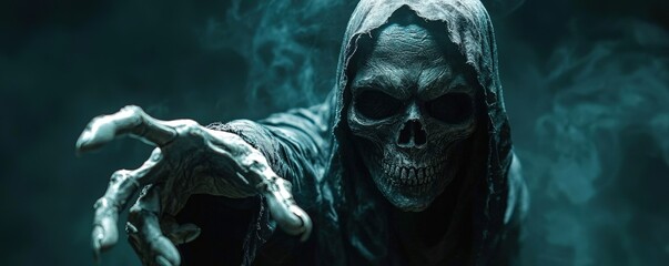 Eerie female Grim Reaper extending a skeletal hand towards the camera, set against a shadowy backdrop with generous copy space