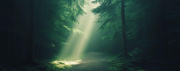 Obraz premium Enchanting light beams pierce through a lush green forest, creating a serene atmosphere.