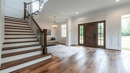 A spacious entryway with a staircase, natural light, and modern decor.