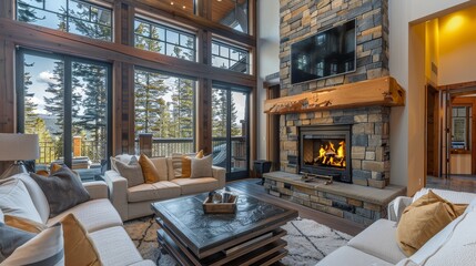 Naklejka premium Cozy living room with large windows, elegant fireplace, and rich wood accents contrasting warm light yellow walls in a modern home with nature views.