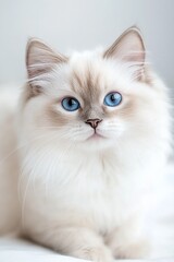 A realistic close-up of a 2-month-old Ragdoll kitten with striking blue eyes and soft, fluffy fur