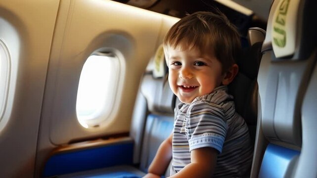 Happy child enjoying a luxurious trip on a private jet, looking out the window with excitement and joy