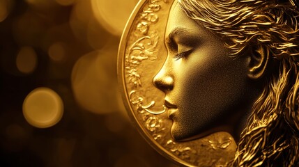 A golden coin featuring the image of Her, showcasing its intricate design and detailed craftsmanship. The coin’s golden hue highlights its value and elegance,